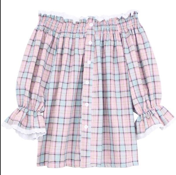 

spring and summer new women's slash collar short-sleeved lace plaid shirt, White