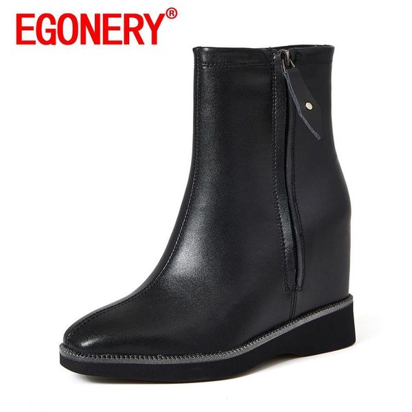 

boots egonery women winter style leisure ankle good qualtiy cow leather concise mature solid color comfortable round toe, Black
