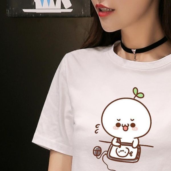 

women's t-shirt cotton crewneck womens t shirts ctue graphic print crop casual female tees kpop loose short sleeve for girl shirt, White