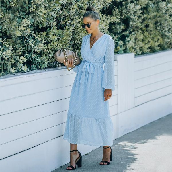 

casual dresses womail ruffle mesh patchwork slim waist dress sweet sash v-neck polka dot femme vestidos 2021 fashion solid color women, Black;gray