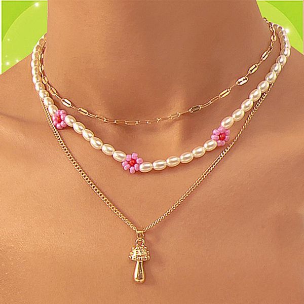 

pendant necklaces y2k jewelry 3pcs flower beads mushroom necklace for women metal vintage punk fashion harajuku charm gifts wholesale, Silver