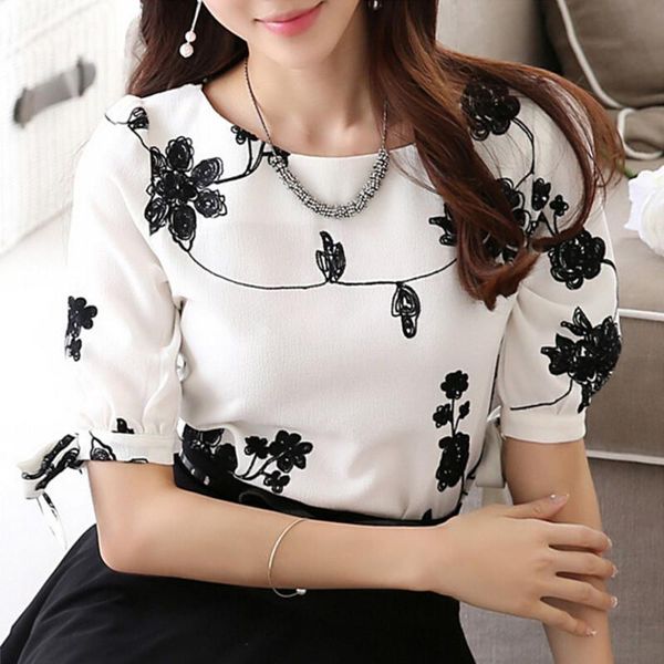 

fashion women shirt blouse summer chiffon casual shirt o neck half sleeve floral printing female blusas clothing, White