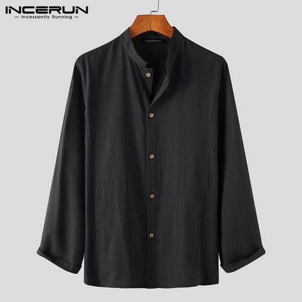 

man button cotton blouse casual pocket camisa incerrun 2021 spring men solid color long sleeve shirts vintage stand collar shirt, White;black