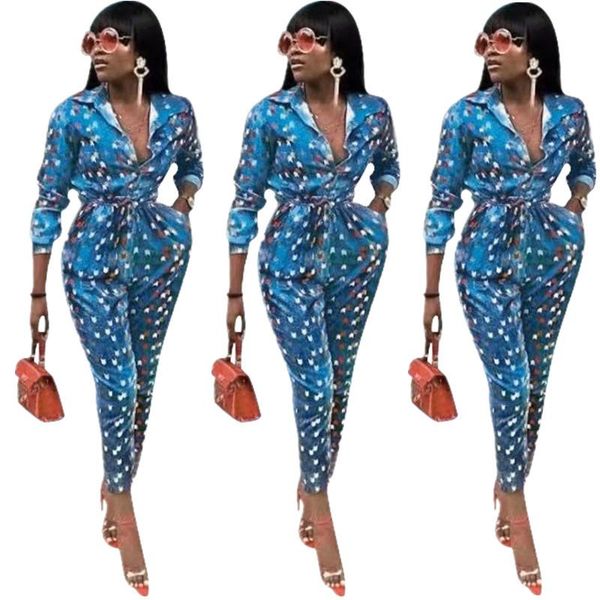 

women's jumpsuits & rompers colorful print cowboy color casual party romper turn down collar single breasted women jumpsuit autumn wint, Black;white