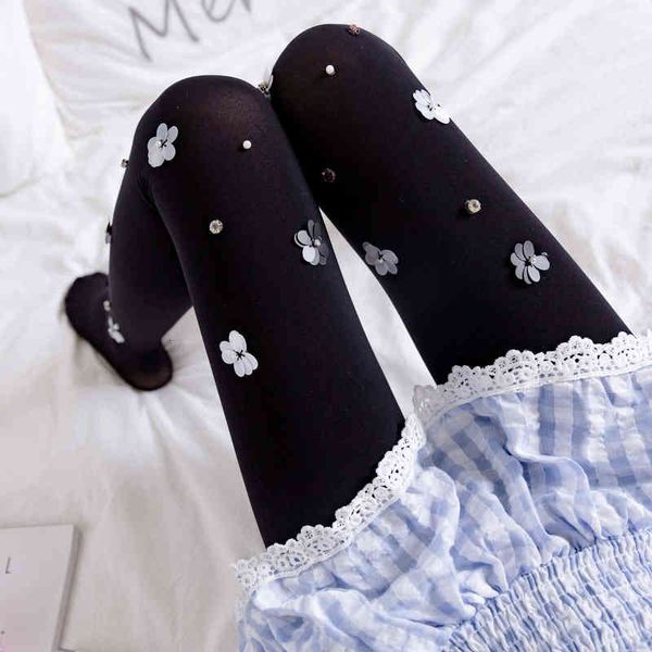 

socks hosiery (pure handmade) bow, large diamond, lace, pearl, arbitrarily cut stockings, pantyhose, leggings, silk stockings, Black;white