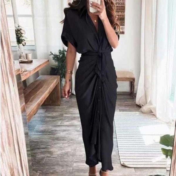 

casual dresses short sleeve maxi dress v neck high waist women buttons solid color draped tunic robe sundress woman summer 2021, Black;gray