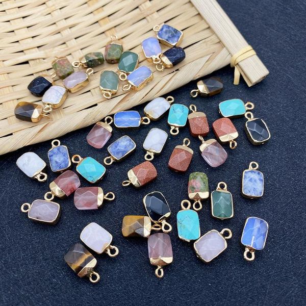 

charms 3 pieces of natural stone rectangular faceted electroplating pendant opal tiger's eye powder crystal colorful necklace, Bronze;silver