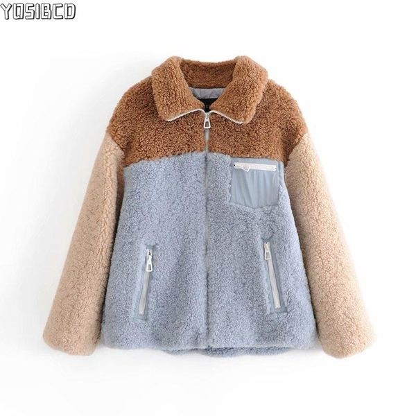 

yosibcd women 2021 fashion thick warm faux fur patchwork jacket coat vintage long sleeve pockets female outerwear chic, Black;brown
