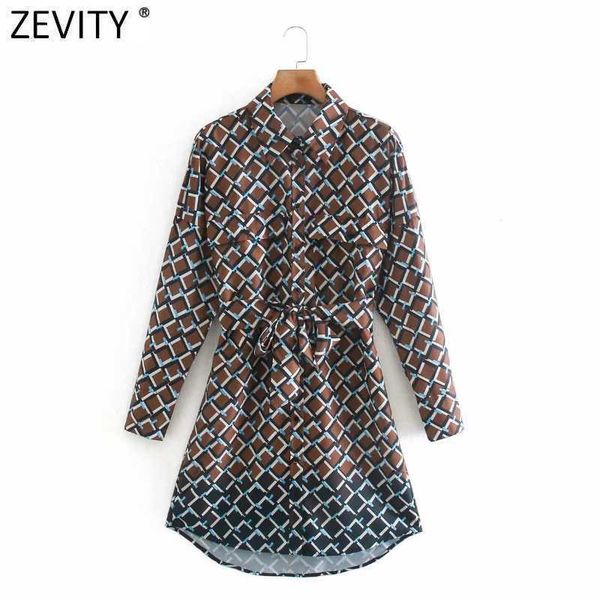 

zevity women vintage contrast color geometric print breasted shirt mini dress ladies pocket patch chic sashes vestido ds4762 210603, Black;gray