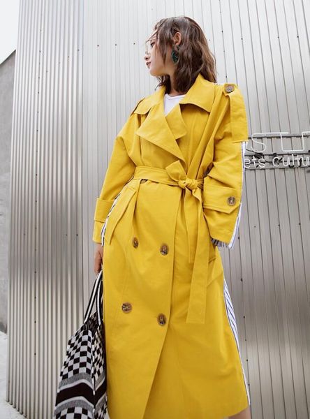 

women's trench coats 2021 autumn stripe is spliced double row buckles windbreaker woman medium long style temperament jacket, Tan;black