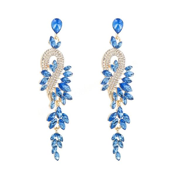 

luxury color crystal leaf long dangle earrings vintage sparkly rhinestone tassel earring bridal wedding jewelry brincos, Silver