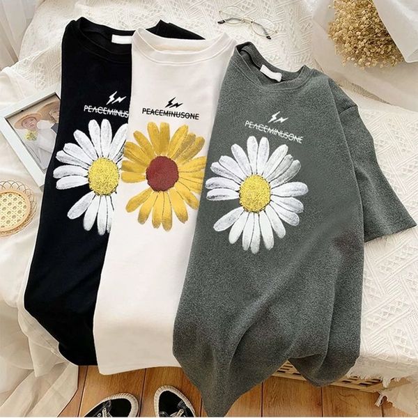 

summer cotton t -shirt casual loose short sleeve women 2021 printed wild bottoming shirt daisies tee oversized tshirt 210310, White