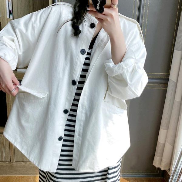 

women's jackets [ewq] korea chic temperament white coat women autumn 2021 half high collar loose single breasted pockets long sleeve ja, Black;brown