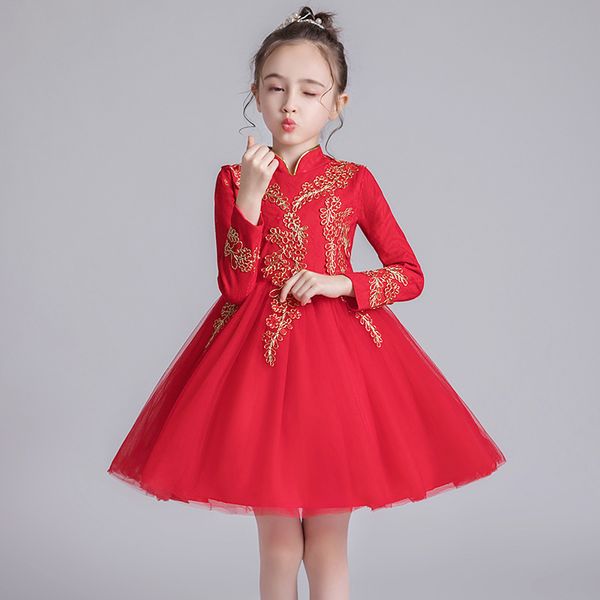 

Flower Girl Princess Wedding Party Golden Thread Embroidery Dress Autumn and Winter New Flower Girl Birthday Party Red Dress