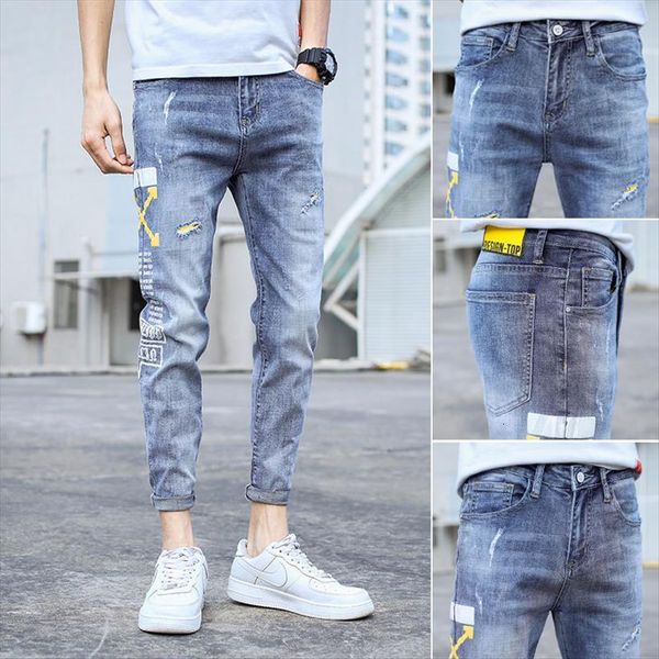 

summer korean teenagers stretch slim women pants fit jeans ripped casual light colored brand ankle length, Black