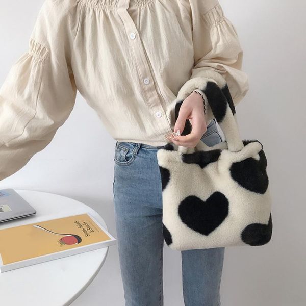 

evening bags faux fur plush small handbag women black heart shoulder girl cute winte shopper bag retro squareÂ aesthetic tote purses 2021