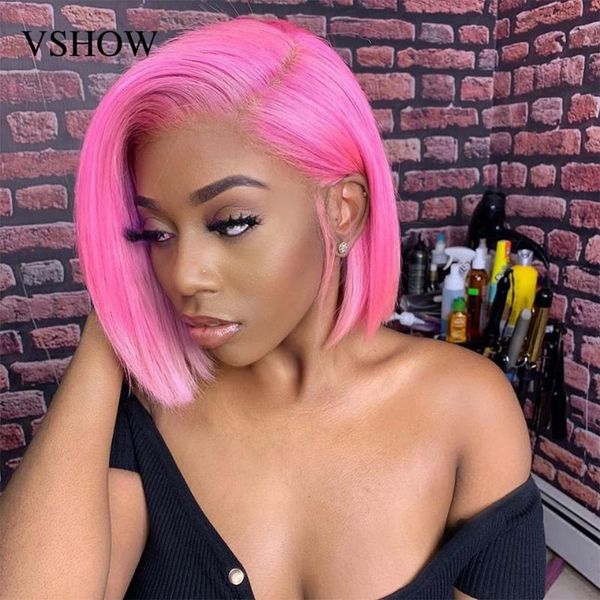 

lace wigs vshow 613 straight 13x4 front bob wig pre plucked pink/blue/613 short cut human hair blonde for girls, Black;brown