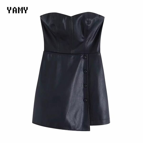 

women's jumpsuits & rompers womens strapless pu leather playsuit female short jumpsuit faux and 2021, Black;white