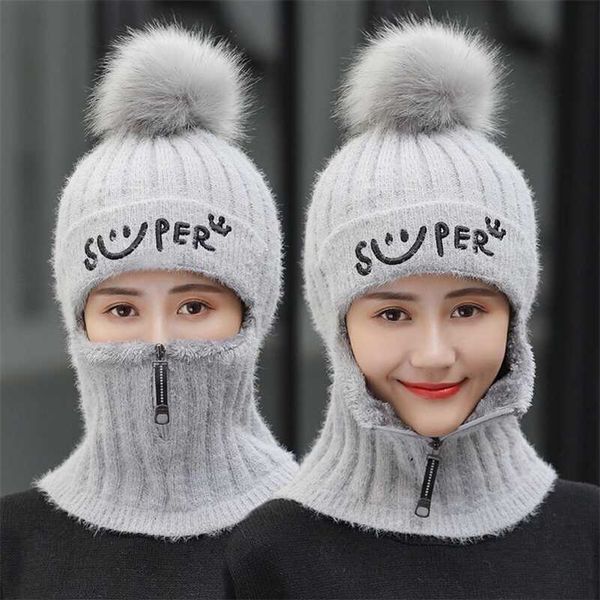 

knitted hat female winter warm thick velvet ear wool hat korean wave of wild autumn and winter ride sets of headgear 201215, Blue;gray