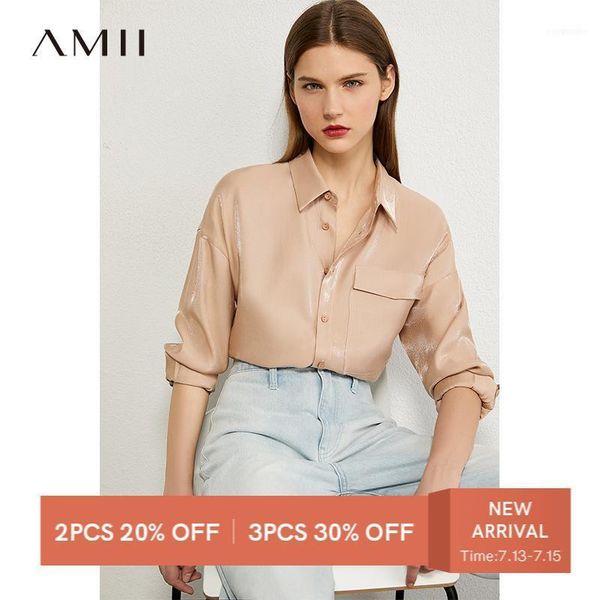 

women's blouses & shirts amii minimalism autumn fashion solid silky women blouse causal lapel single-breasted loose female 120302841, White
