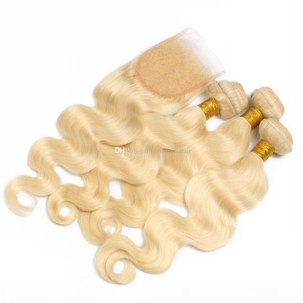 

613 russian blonde virgin hair with closure 3 bundles with 4*4 lace closure body wave human hair with part closure, Black;brown