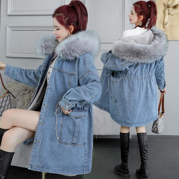 

women's fur & faux winter denim jacket women oversized collar plus velvet padded long jackets cotton thick warm jean coat overcoat, Black
