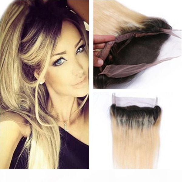 

360 lace frontal with bundle 2 tone 1b 613 blonde dark root ombre straight virgin human hair with full frontal lace band closure, Black;brown