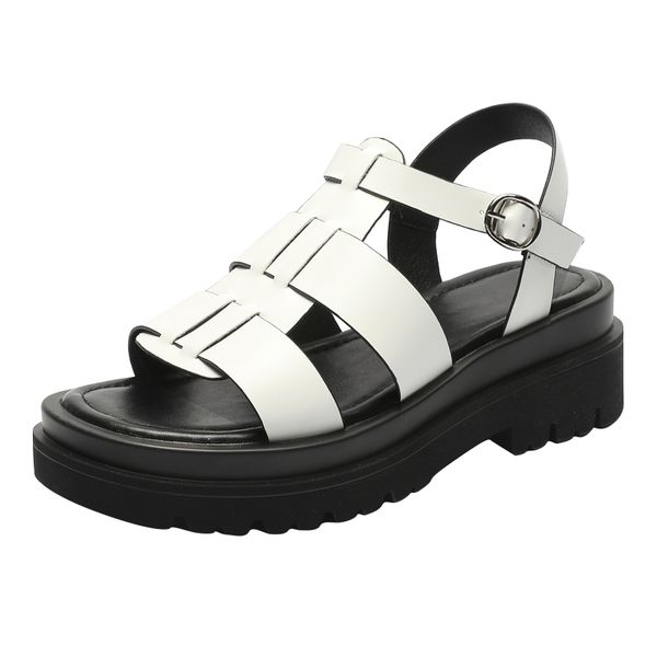 

white womens shoes sandals flat genuel leather leisure magic stickers anti-slip thick bottom beach shoes 2022 spring summer new, Black