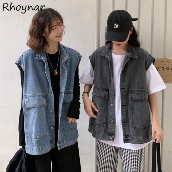 

women's vests women spring autumn solid simple all-match oversize s-3xl fashion loose turn down collar streetwear korean style soft, Black;white