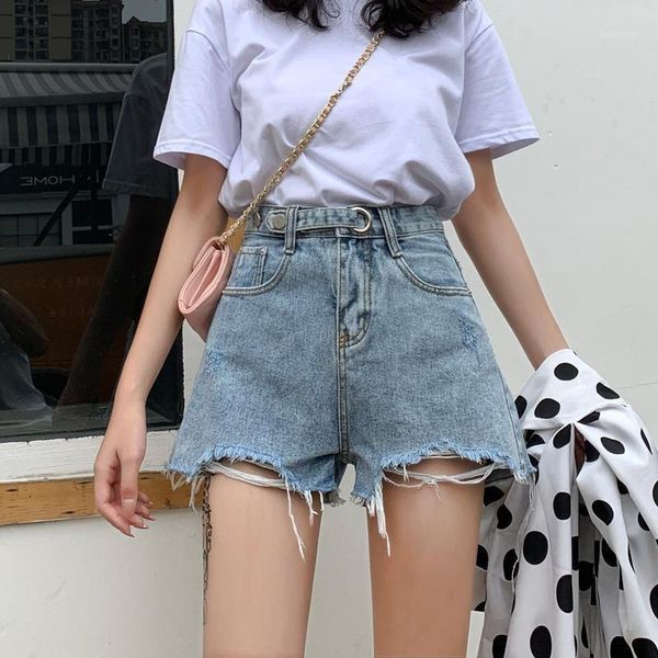 

women's jeans summer woman high waist denim shorts loose show thin hole slim girl solid jean femme streetwear, Blue