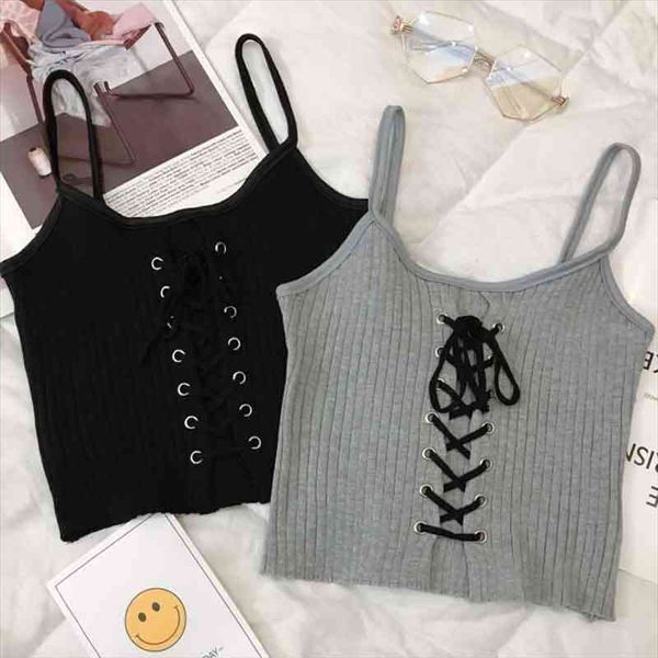 

spaghetti strap crop female drawstring camisoles women solid tank bandage knitted streetwear mujer camis, White