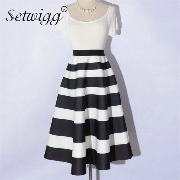 

setwigg autumn scuba wide striped thick long flare skirts elastic waist stripes printed puff calf sakter long skirt 210315, Black