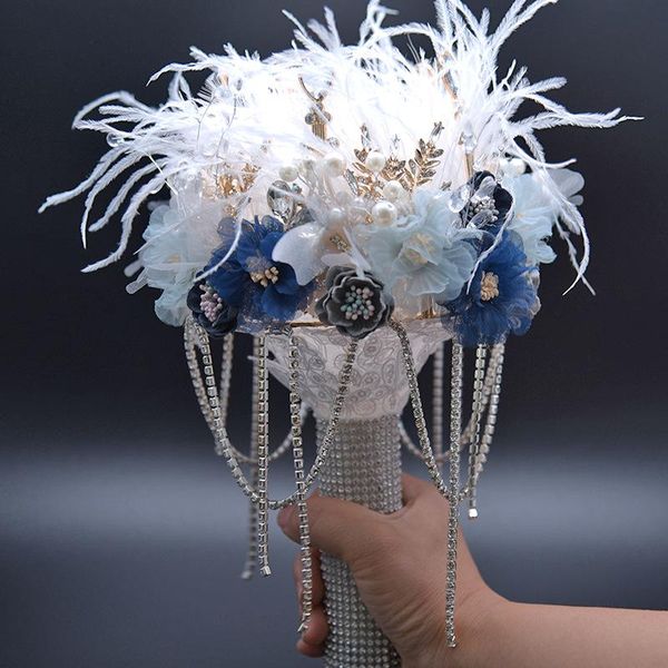 

wedding flowers sesthfar luxury crystal bouquets with pearls beaded navy rose bridal bouquet artificial accessories