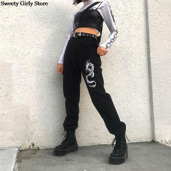 

women's pants & capris punk style women cargo dragon print trousers loose streetwear casual joggers sweatpants summer autumn boots pant, Black;white