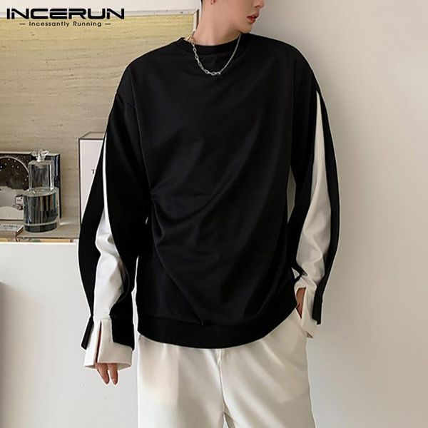 

men's hoodies & sweatshirts incerun fashion men patchwork crew neck long sleeve korean casual pullover streetwear loose leisure 2021, Black