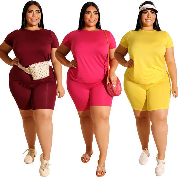 

plus size tracksuits 2 piece summer outfits for women fashion round collar short sleeves high waist shorts suit wholesale drop
