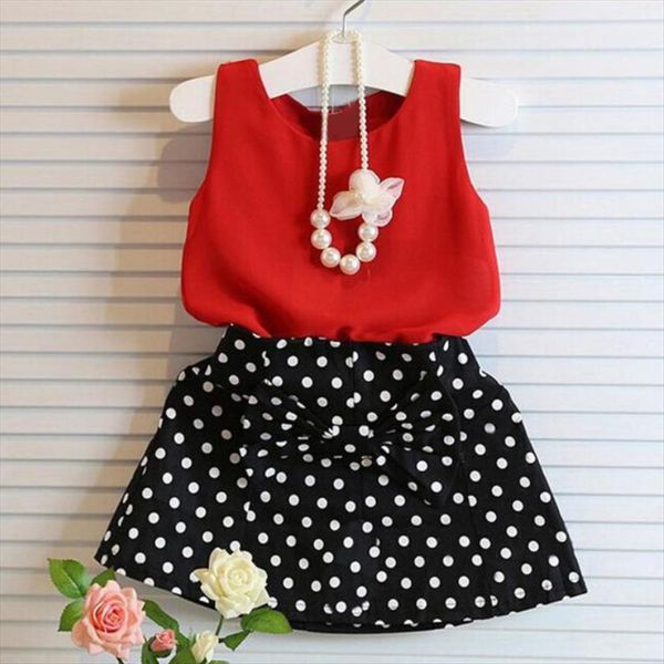 

2 8 age girl clothes summer solid color sweatshirt t shirt polka dot print half length skirt bowknot quality children, White