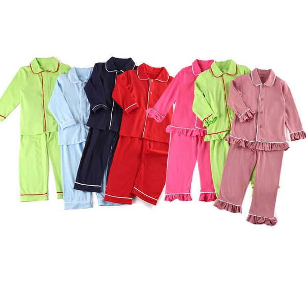 Abbigliamento per bambini all'ingrosso 100% cotone pigiama rosso pianura volant invernale bambino boutique di Natale abbigliamento da casa pigiama manica intera 210908