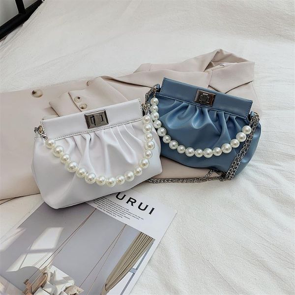 

fashion pearl chain shoulder sling bag women solid color pu leather elegant pleated messenger crossbody handbag pouch