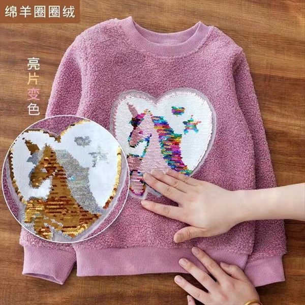 

girls plus fleece sweatshirt fashion thick plush warm discolored sequin pullover unicorn mermaid fall winter, Black