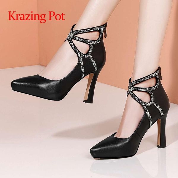 

dress shoes krazing pot genuine leather pointed toe super high heels platform rhinestone decoration european style fashion women pumps l93, Black