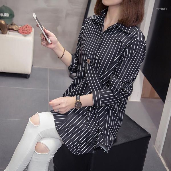 

4xl plus size full sleeve blouse women spring striped chiffon blusas womens and blouses white black 33361