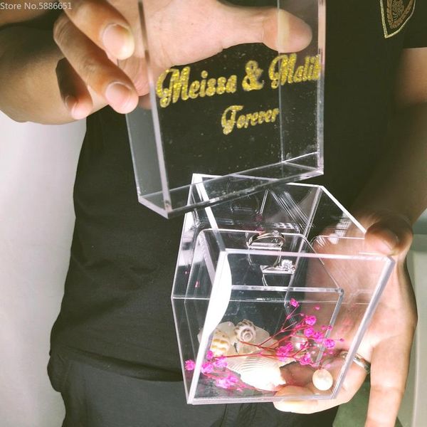

1pcs custom logo crystal ring pillow holder wedding engagement anniversary girfriend propose bride groom transparent gift box