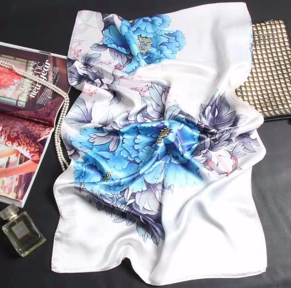 

scarves [slkscf] 180x55cm blue flower silk satin hijabs real scarf, Blue;gray