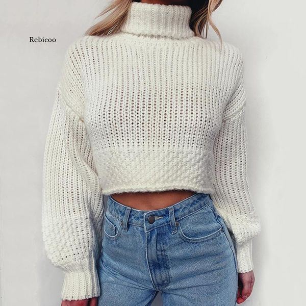 

women's sweaters short white crop sweater women puff long sleeve elegance jumper turtleneck knitted loose casual solid female, White;black