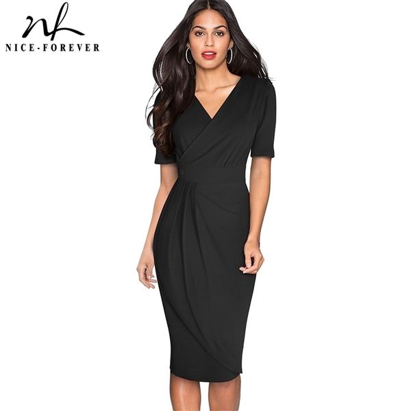 

nice-forever elegant pure color with button office work vestidos business party slim bodycon women pencil dress b583 210309, Black;gray