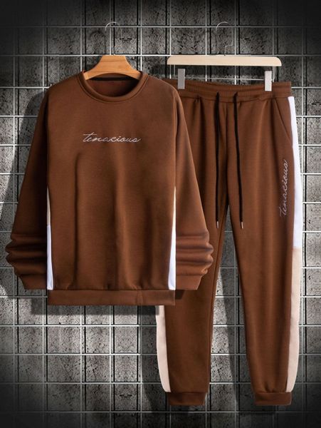 

men letter embroidery contrast side seam pullover & drawstring waist sweatpants g5lm#, Gray