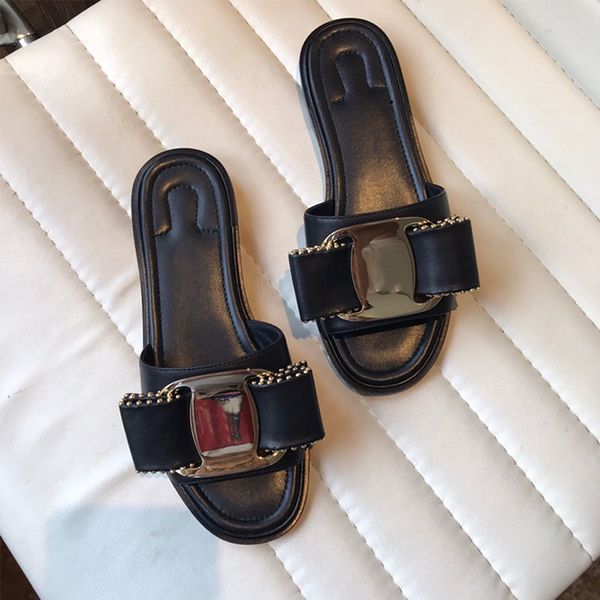 

classics brand women's slippers genuine leather summer sandals for woman outside beach women's slides bow slippers, Black