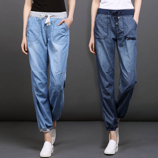 

new elastic waistline loosens women's tencel jeans nine summer pants section thin leg loose korean harepants tb18909 qnkp, Blue