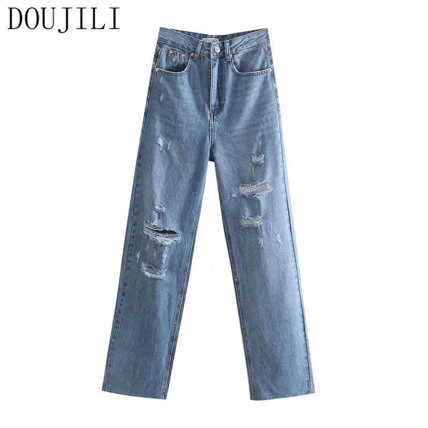 

women's jeans doujili fashion pants straight high waist hollow hole casual wearing long, Blue